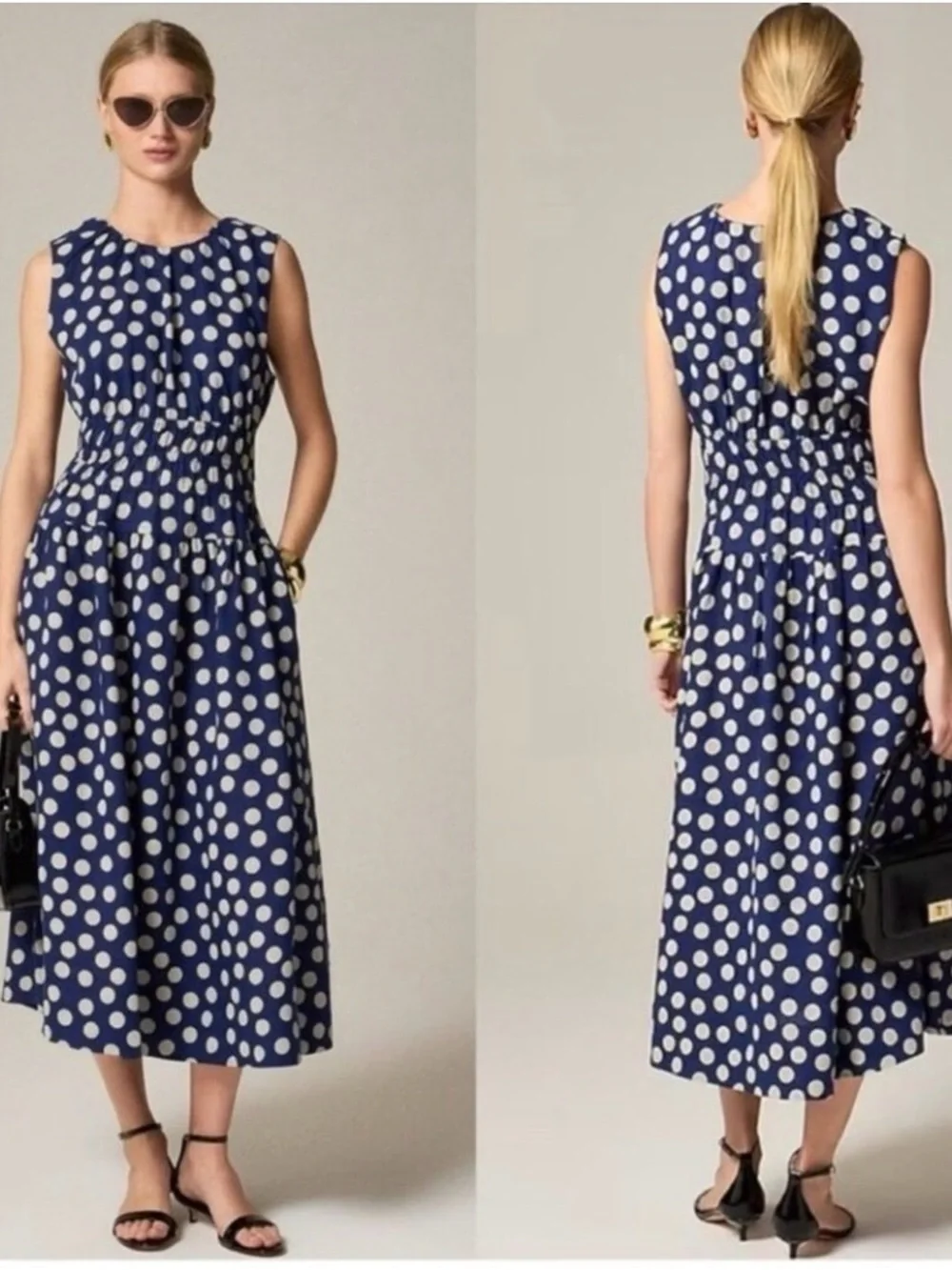 J. Crew Navy and White Polka Dot Sleeveless Midi Dress